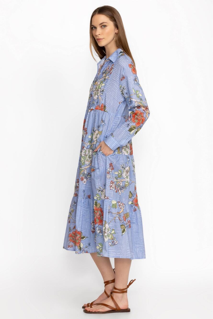 Johnny Was Mosaic Tiered Wanderer Blue Floral Shirt Dress Medium NEW